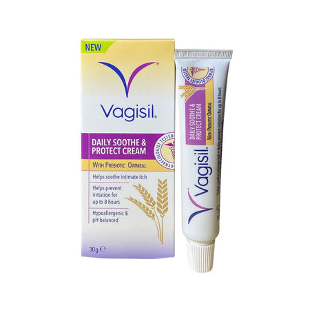 Vagisil Daily Soothe & Protect Cream shown with its retail box and squeeze tube on a plain white background.
