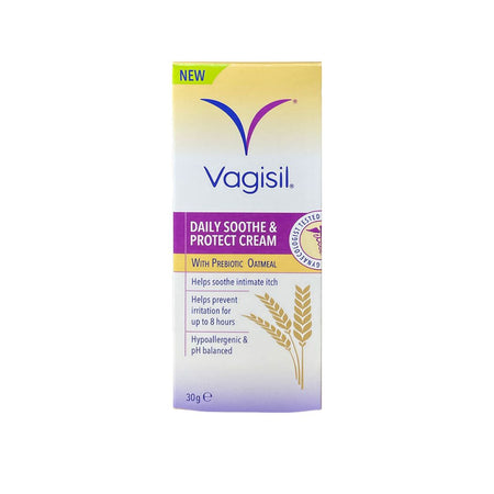 Vagisil Daily Soothe & Protect Cream 30g box, featuring a white, purple, and yellow design with the Vagisil logo and illustrations of wheat.