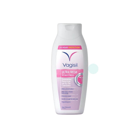 Vagisil Ultra Fresh Intense Wash daily potty training wash in a white plastic bottle with pink and purple label accents, shown on a white background.