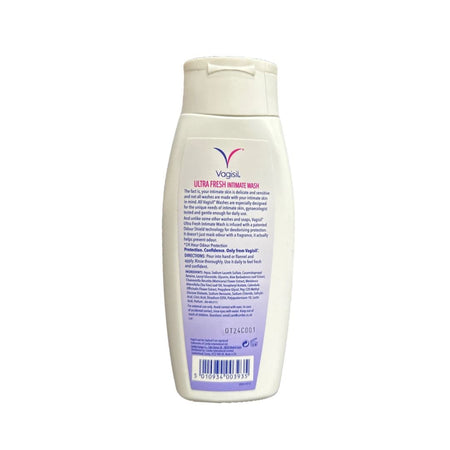 A white plastic bottle of Vegask Ultra Fresh Intimate Wash with a purple and white label, shown against a plain white background.