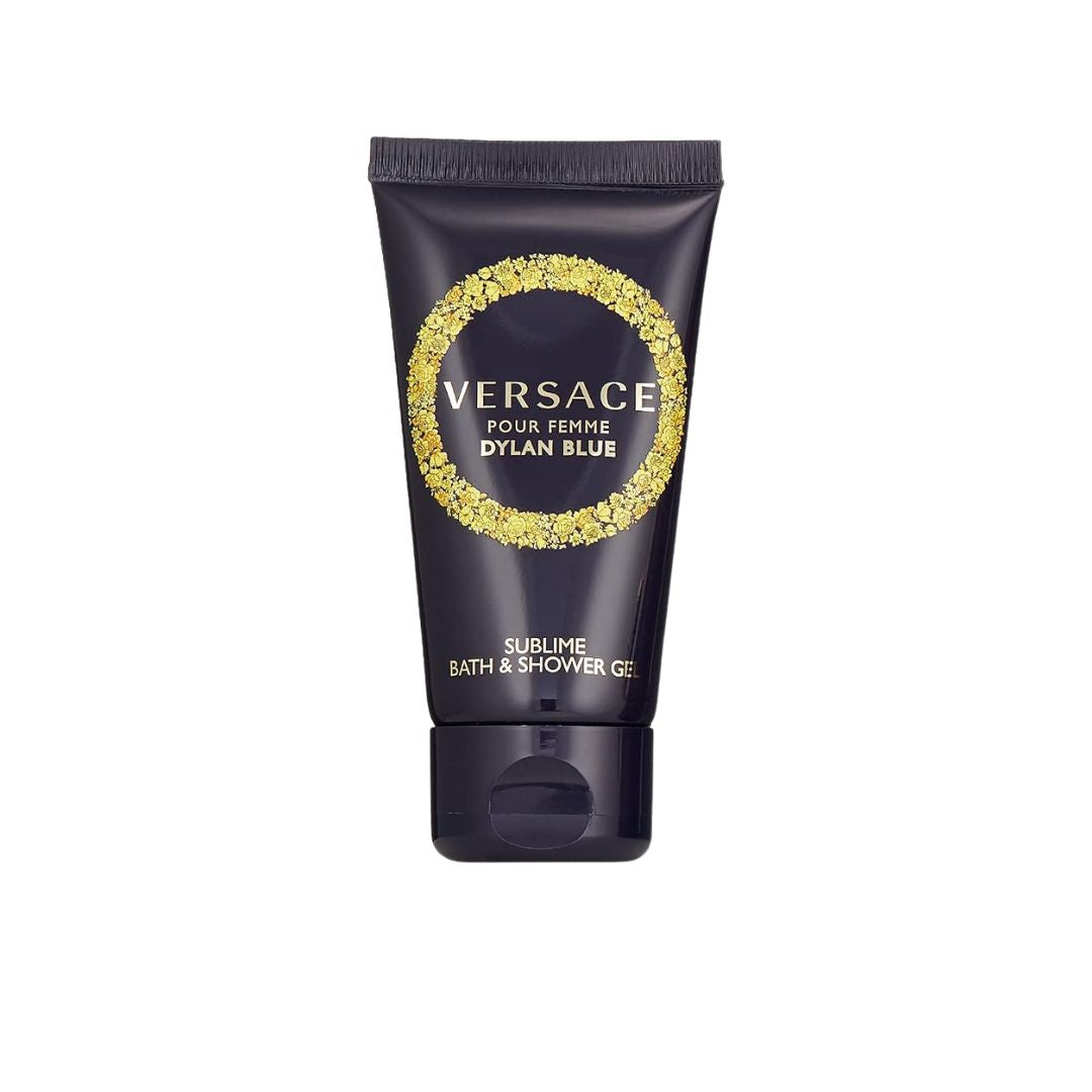 Versace Dylan Blue Pour Femme sublime bath and shower gel on a white background