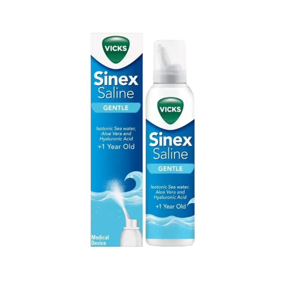 Vicks Sinex Saline Gentle nasal spray bottle and its matching retail box, featuring blue and white packaging with the green Vicks logo on a plain white background.