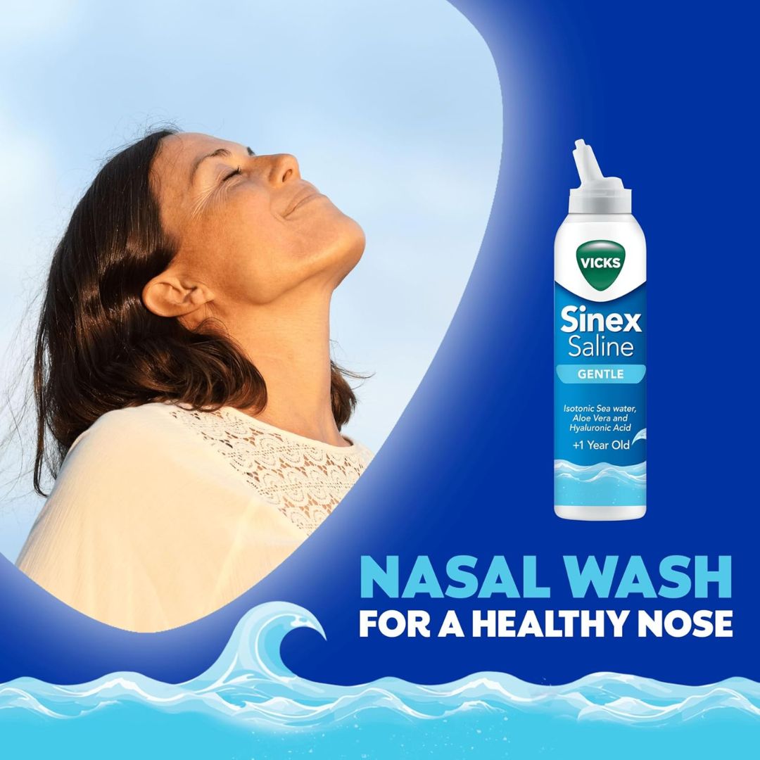 Vicks Sinex Saline nasal wash bottle with a woman using it against a blue background