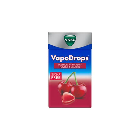 Vicks VapoDrops Sugar Free cherry-flavoured medicine box, featuring a blue and red design with cherry illustrations on a white background.