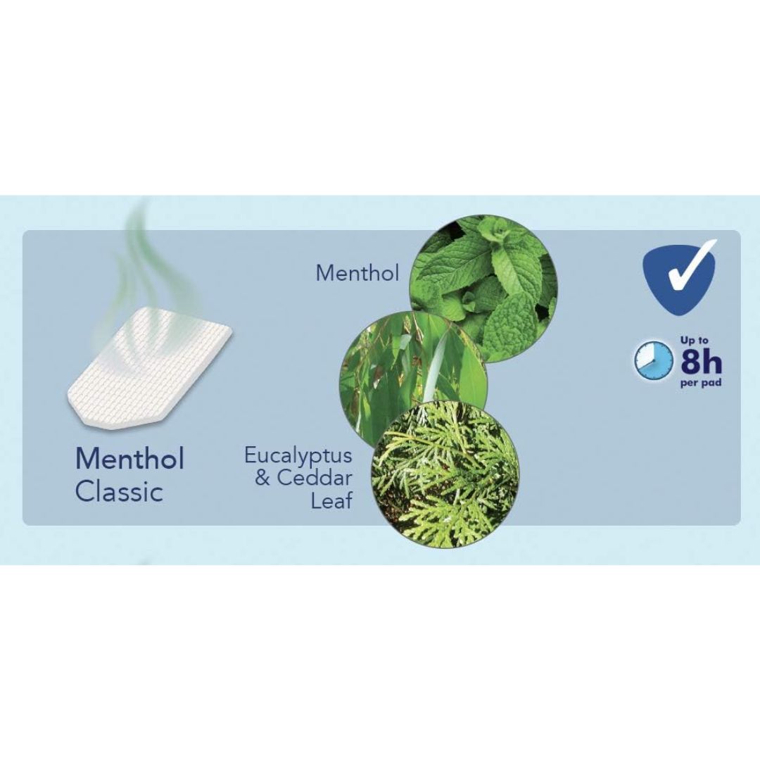 A product information graphic for a Menthol Classic cooling pad. It shows a white textured cooling pad with steam lines, three circular photos of mint, eucalyptus, and cedar leaves, and a blue badge stating 'Up to 8h per pod'.