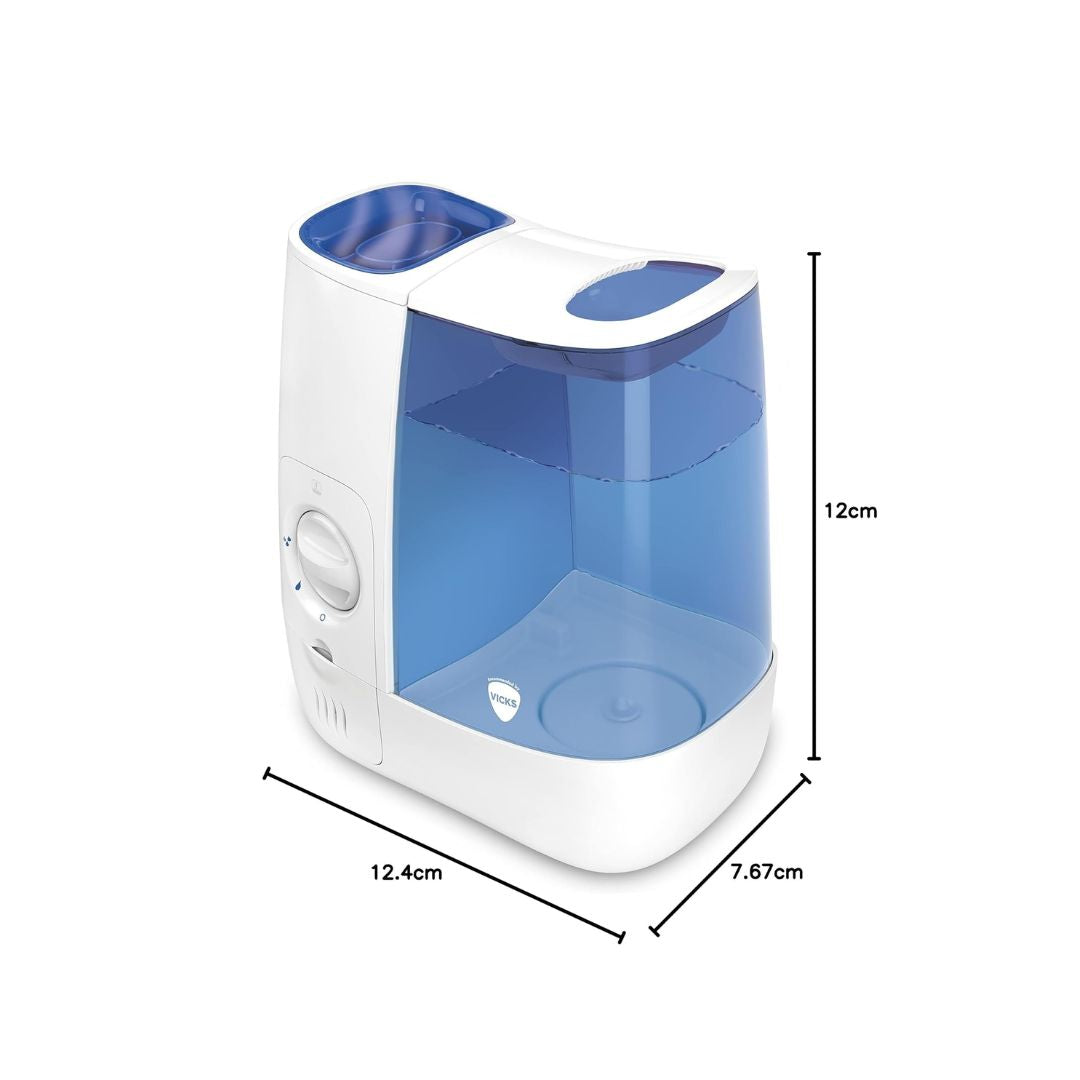 A white and blue humidifier with dimension lines and measurements showing 12cm height, 12.4cm width, and 7.