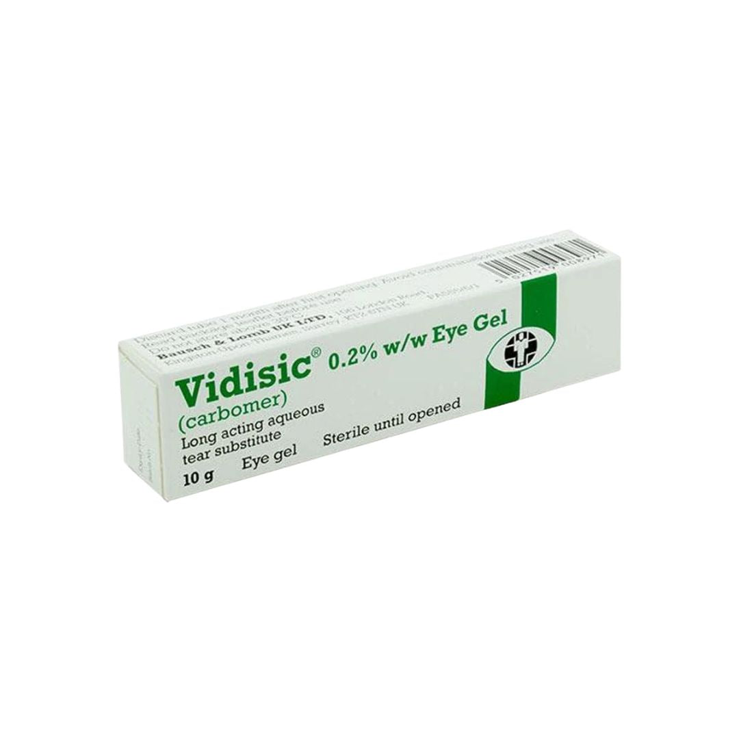 A box of Vidisic (carboner) 0.2% w/w Eye Gel tear substitute, 10 g, shown on a plain white background.