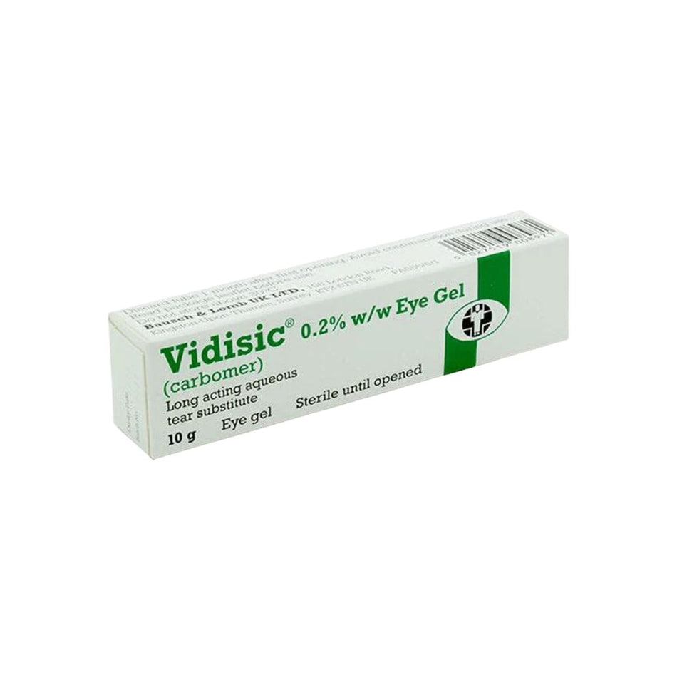 A box of Vidisic (carboner) 0.2% w/w Eye Gel tear substitute, 10 g, shown on a plain white background.