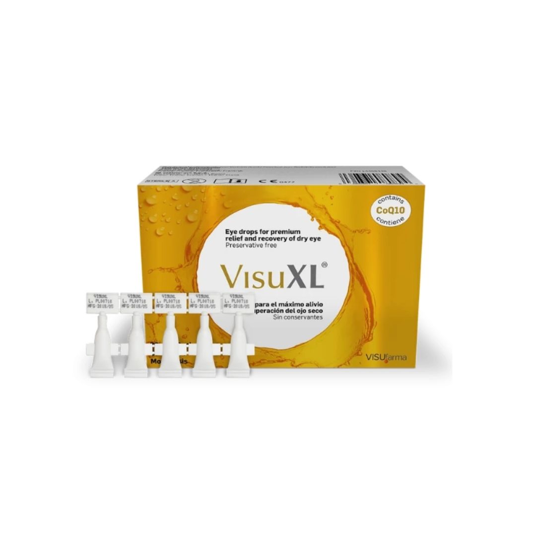 VisuXL Eye Drops 30 Single-Dose Vials packaging and vials on a white background