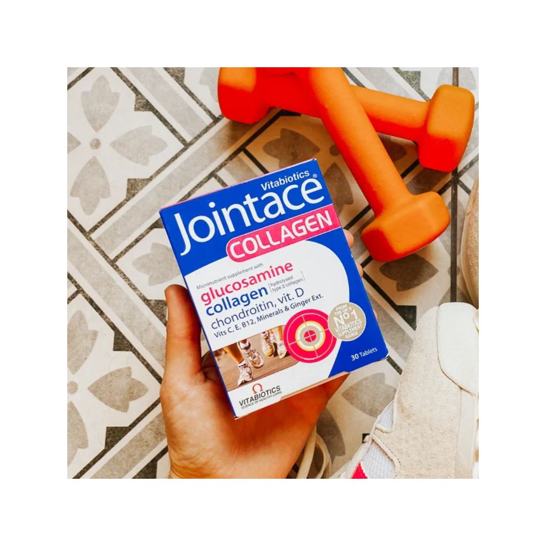 Vitabiotics Jointace Collagen 30 Tablets packaging on a floral background with two orange dumbbells