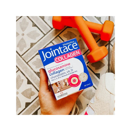 Vitabiotics Jointace Collagen 30 Tablets packaging on a floral background with two orange dumbbells