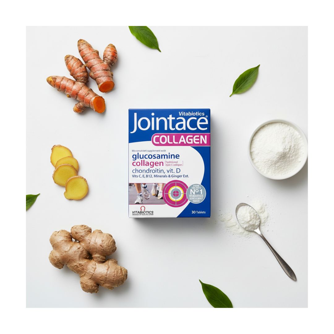 Vitabiotics Jointace Collagen 30 Tablets surrounded by ginger