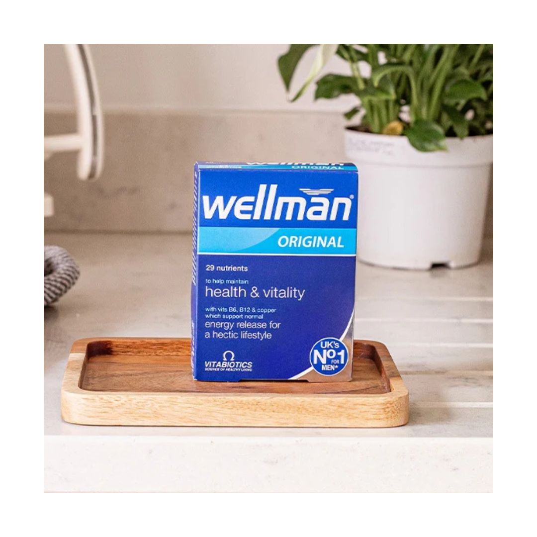 Vitabiotics Wellman Original 30 Tablets packaging in a kitchen setting