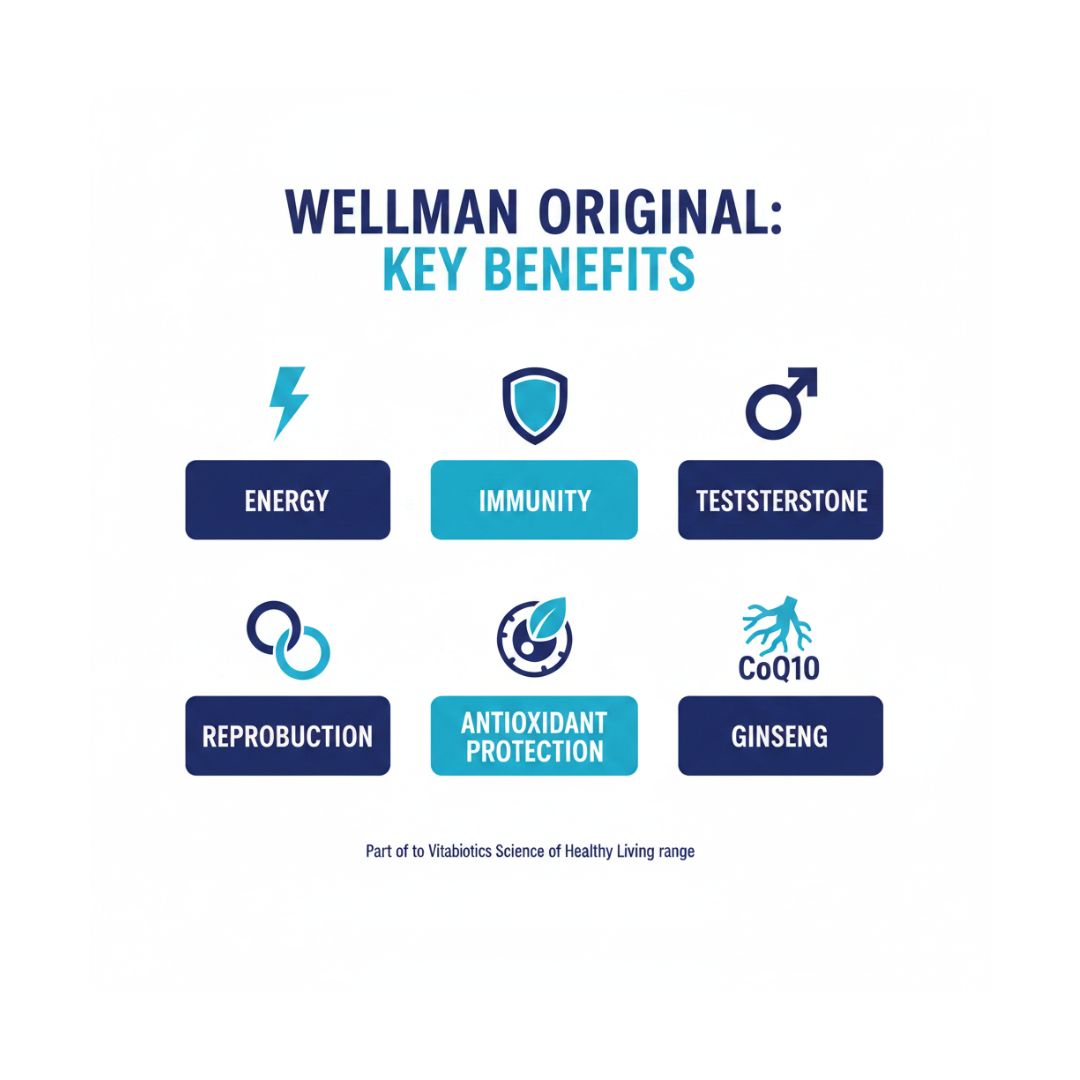 Vitabiotics Wellman Original 30 Tablets Key Benefits Graphic 