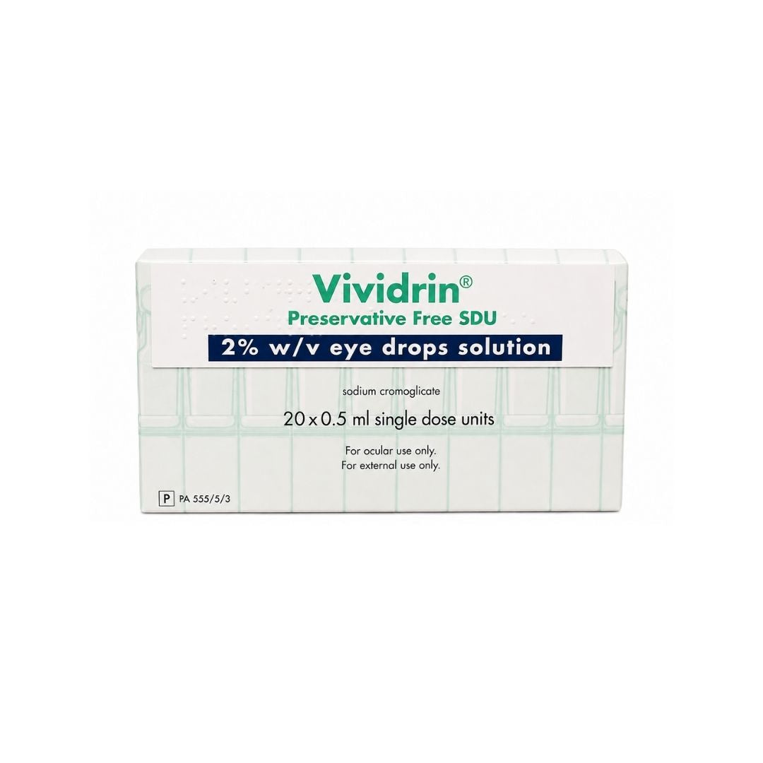 Vividrin Preservative Free Eye Drops packaging on a white background