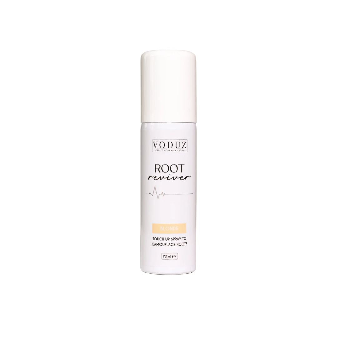 A white cylindrical bottle of VODUZ Root Reviver touch-up spray, featuring a white cap and a label with black text and a small peach accent, set against a plain white background.