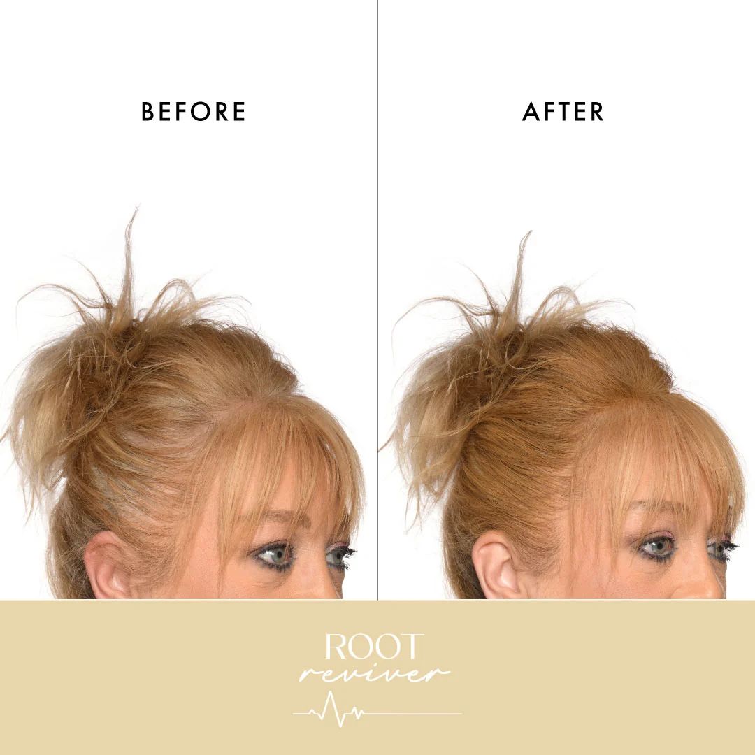 Before and after comparison of a woman's blonde hair showing volume and frizz reduction, with the text 'BEFORE' and 'AFTER' and the brand name 'ROOT reviver' at the bottom.