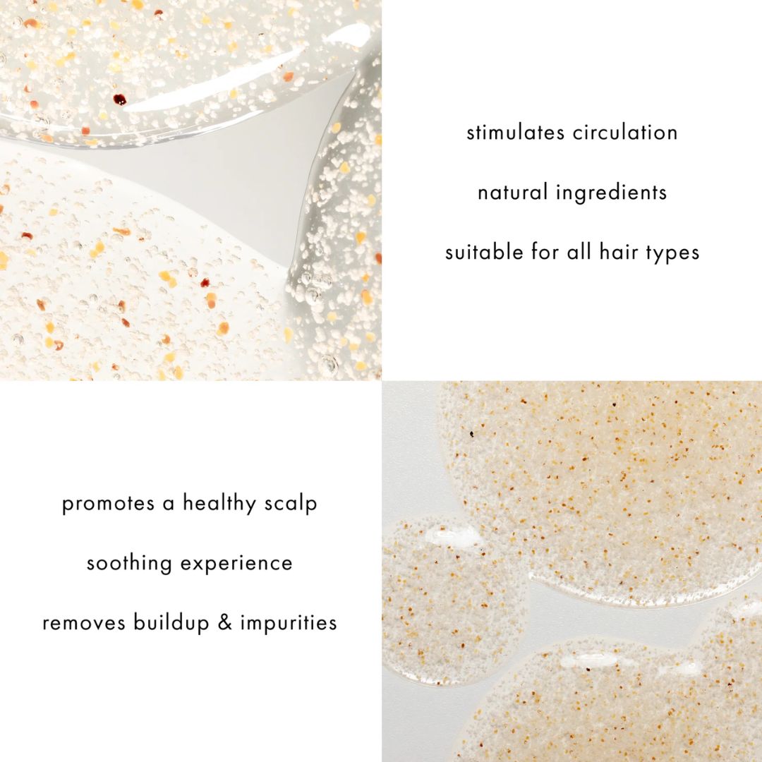 A four-panel promotional graphic for a hair treatment. The top-left panel shows a close-up of a clear gel or liquid with small amber and brown specks.