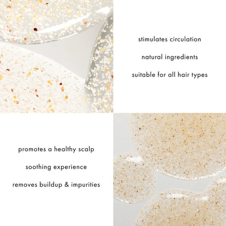 A four-panel promotional graphic for a hair treatment. The top-left panel shows a close-up of a clear gel or liquid with small amber and brown specks.
