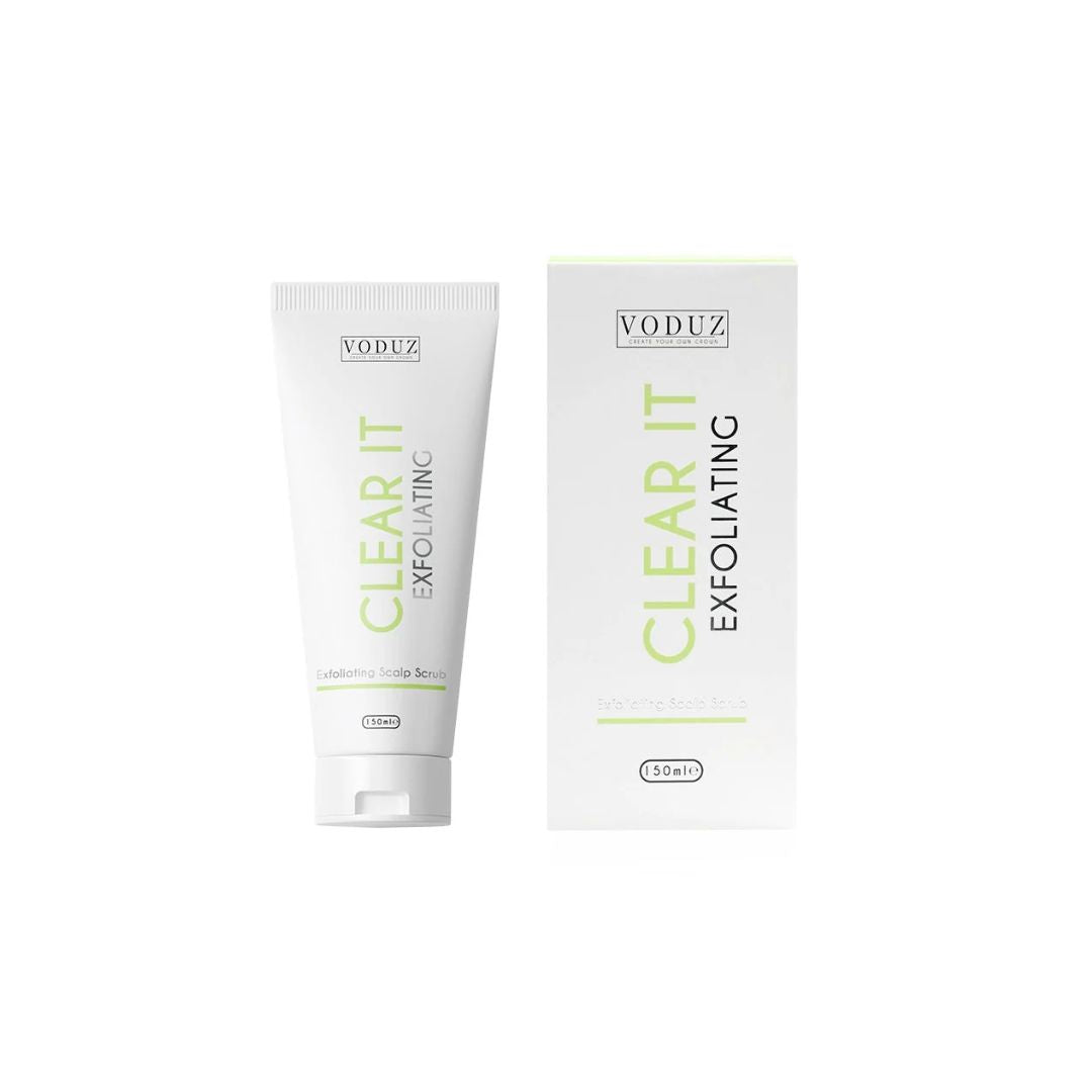 VODUZ Clear It Exfoliating Peeling Gel shown in a white squeeze tube next to its white cardboard packaging box, both featuring green and black text on a solid white background.