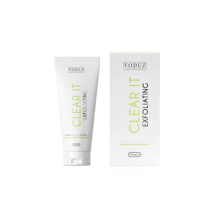 VODUZ Clear It Exfoliating Peeling Gel shown in a white squeeze tube next to its white cardboard packaging box, both featuring green and black text on a solid white background.