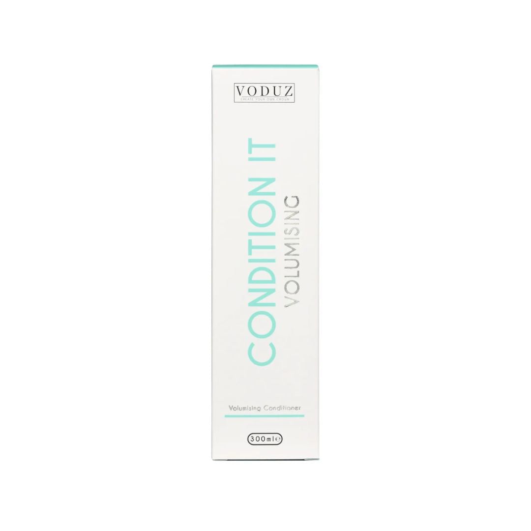 A tall, slim white box of VODUZ Condition It Volumising Neutralising Conditioner, featuring mint green text and accents on a plain white background.