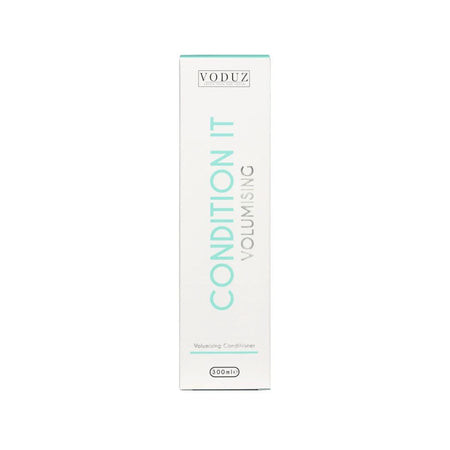 A tall, slim white box of VODUZ Condition It Volumising Neutralising Conditioner, featuring mint green text and accents on a plain white background.