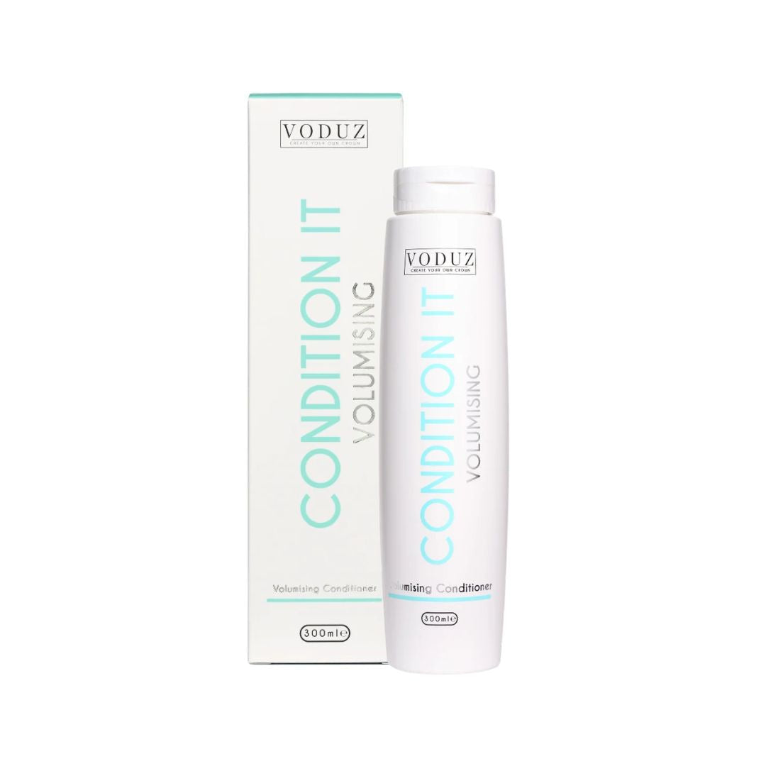 VODUZ Condition It Volumising Volupting Conditioner 100ml bottle and matching box, both in white with light teal and black text, on a solid white background.