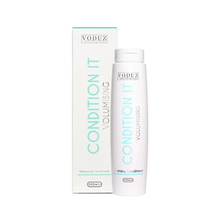 VODUZ Condition It Volumising Volupting Conditioner 100ml bottle and matching box, both in white with light teal and black text, on a solid white background.