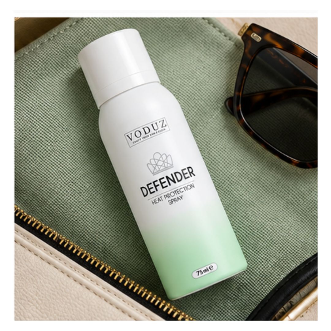 A bottle of VODUZ Defender Heat Protection Spray, featuring a white to pale green gradient design, styled on a green canvas pouch next to tortoiseshell sunglasses.