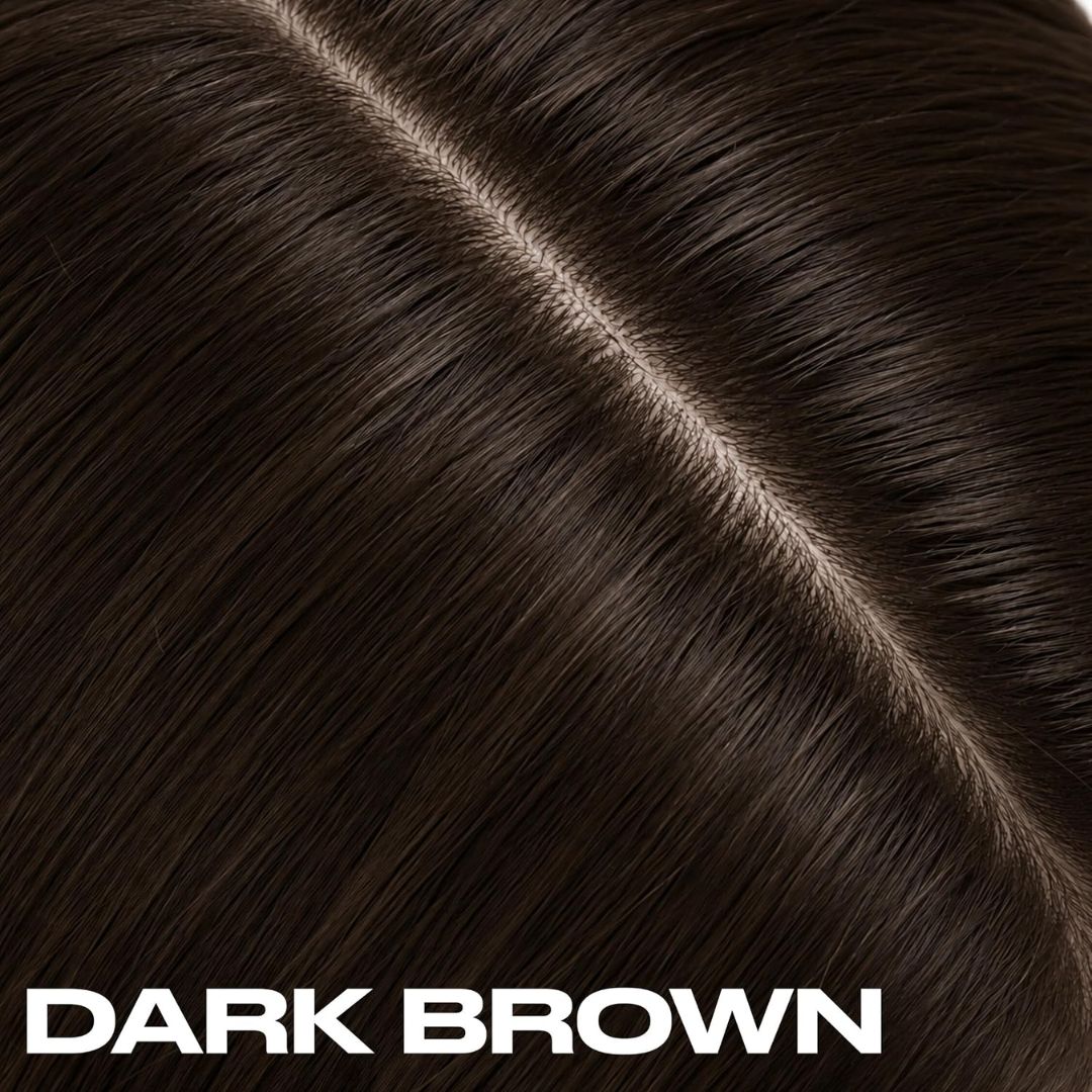 Close-up of dark brown hair with a center part and the text 'DARK BROWN' at the bottom, used to show the hair color shade.
