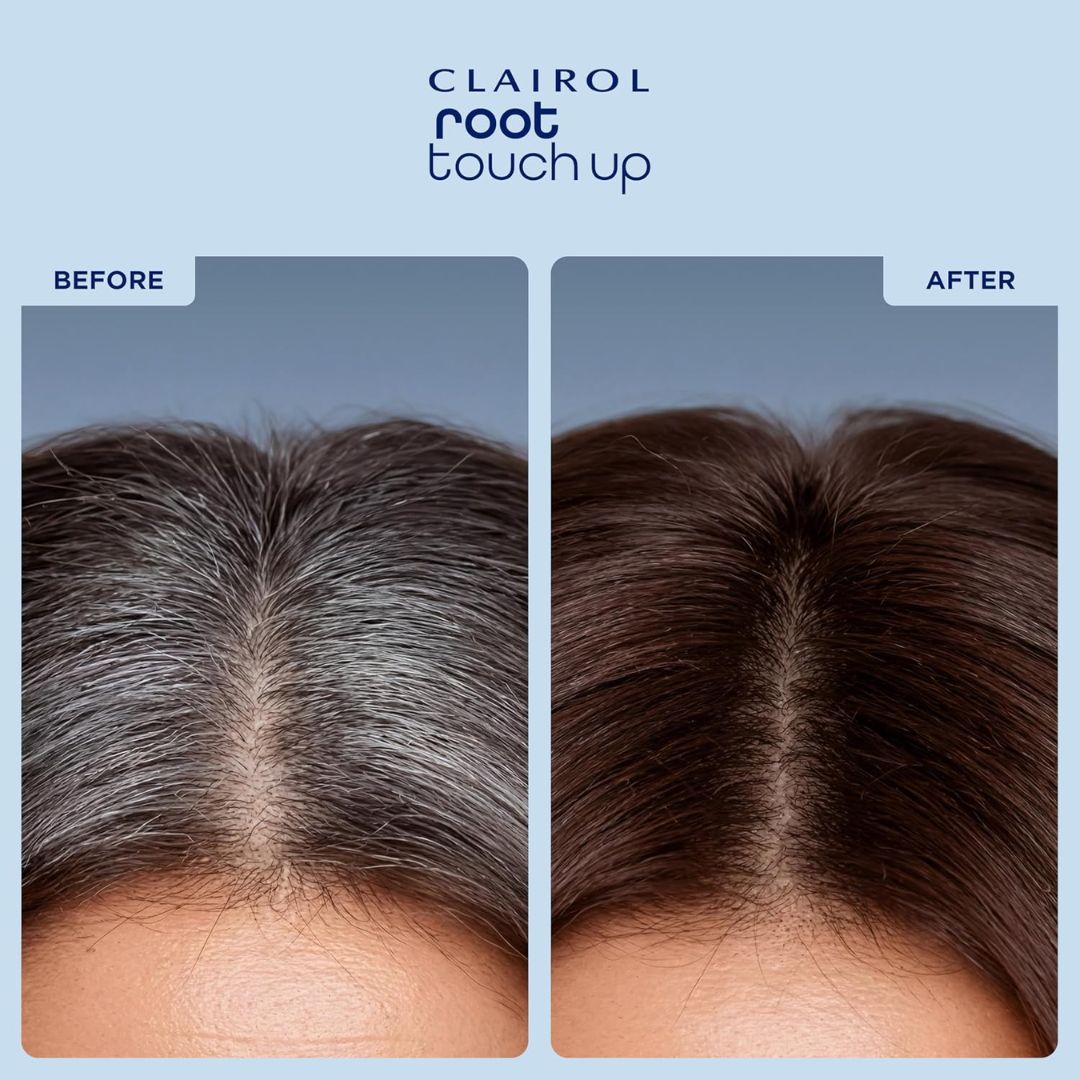 Clairol Root Touch Up before and after comparison on a person's head.