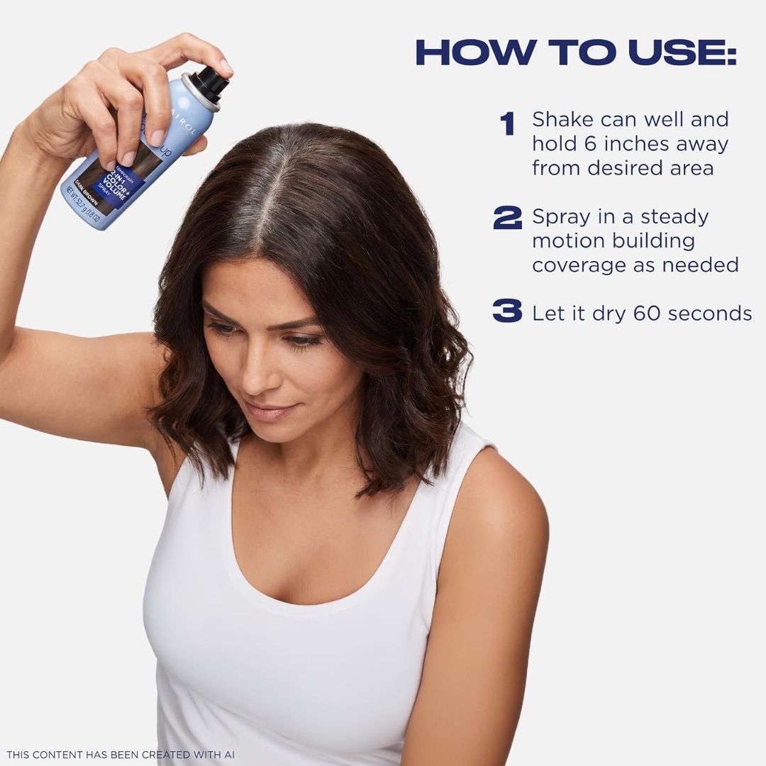 A woman with shoulder-length brown hair applies a hair product from a blue spray can to her hair, with a white tank top visible. The image includes a 'HOW TO USE:' panel with three numbered instructions on a light gray background.