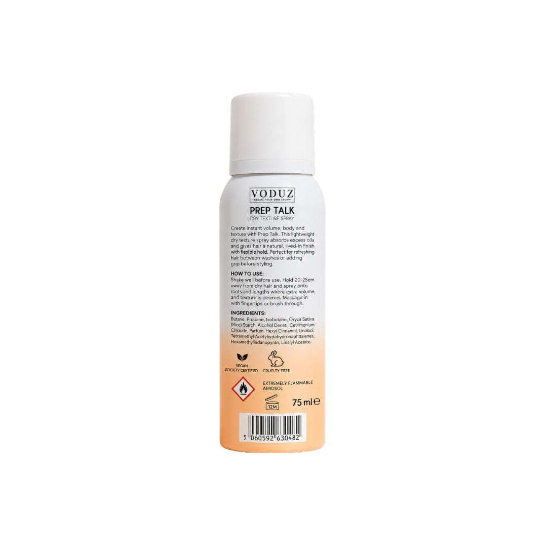 VODUZ Prep Talk hair and beard treatment spray bottle, 75ml, showing the back label on a white background.