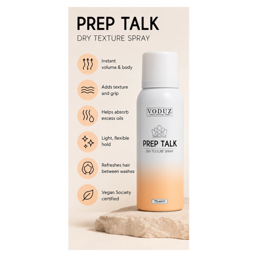 VODUZ Prep Talk Dry Texture Spray in a white and peach gradient aerosol can, displayed on a beige background with product features listed on the left.
