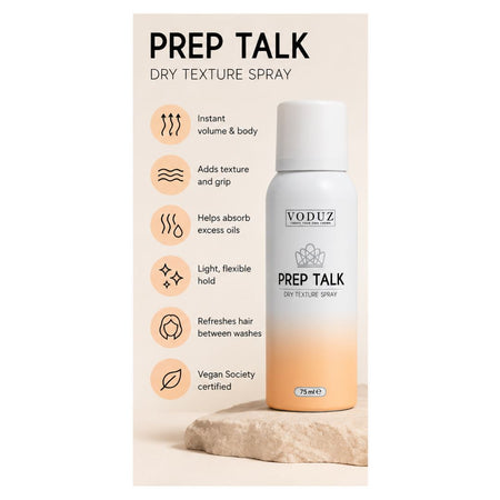 VODUZ Prep Talk Dry Texture Spray in a white and peach gradient aerosol can, displayed on a beige background with product features listed on the left.