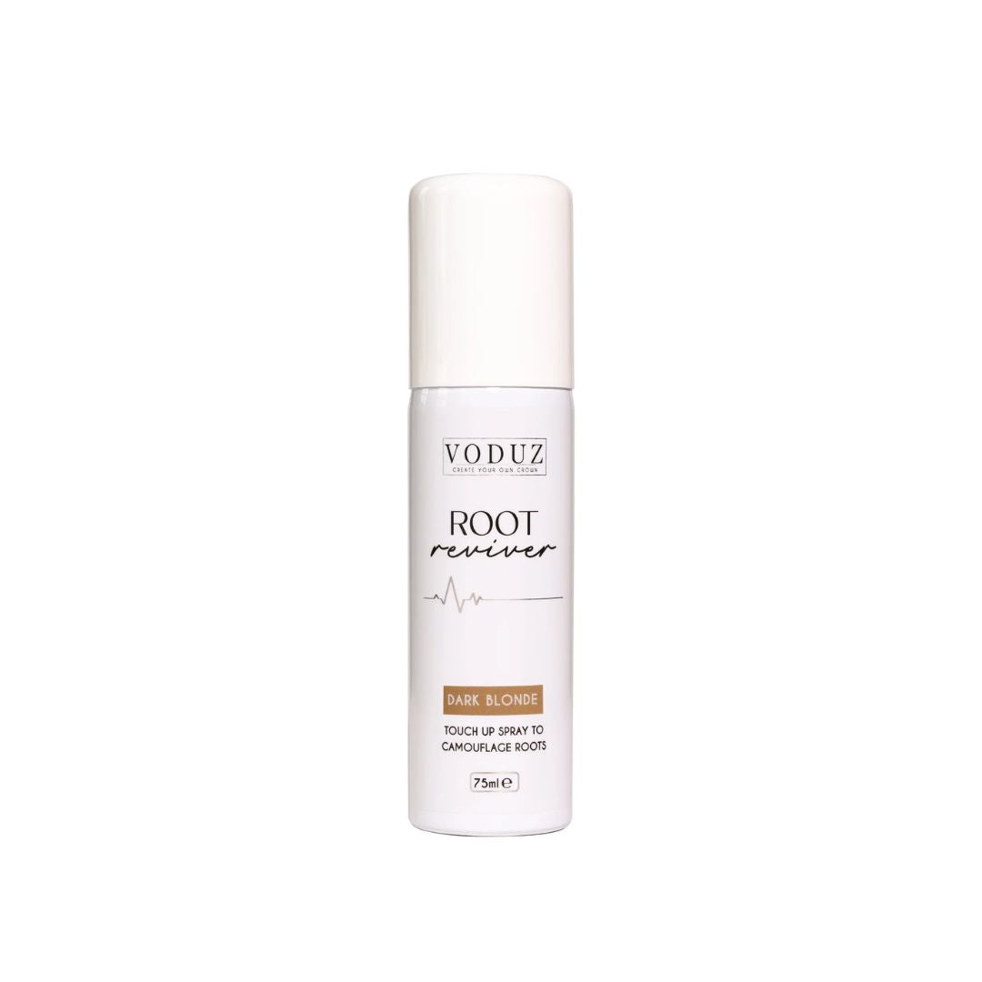 VODUZ Root Reviver touch-up spray bottle in Dark Blonde, featuring a white cylindrical bottle with a matching white cap, set against a plain white background.