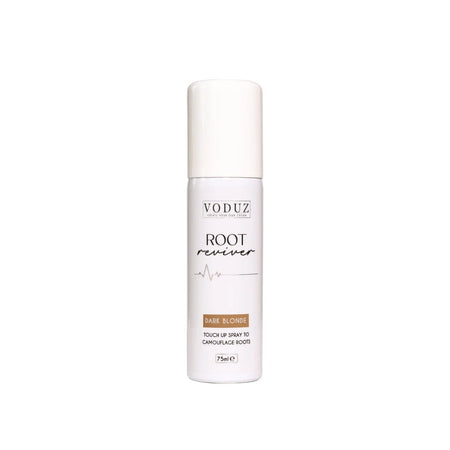 VODUZ Root Reviver touch-up spray bottle in Dark Blonde, featuring a white cylindrical bottle with a matching white cap, set against a plain white background.