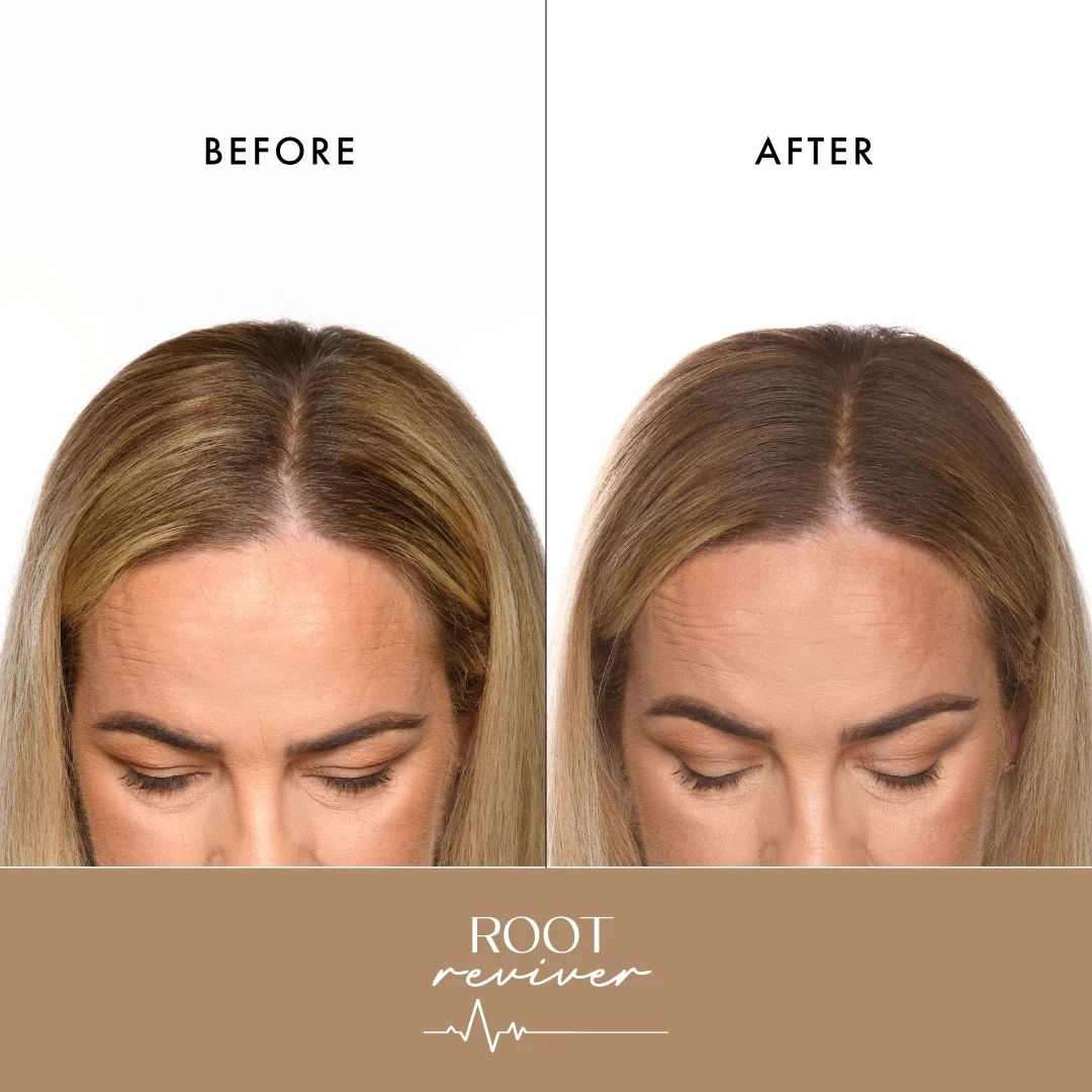 Before and after comparison of a hair treatment using 'Root Reviver' on a person with blonde hair.