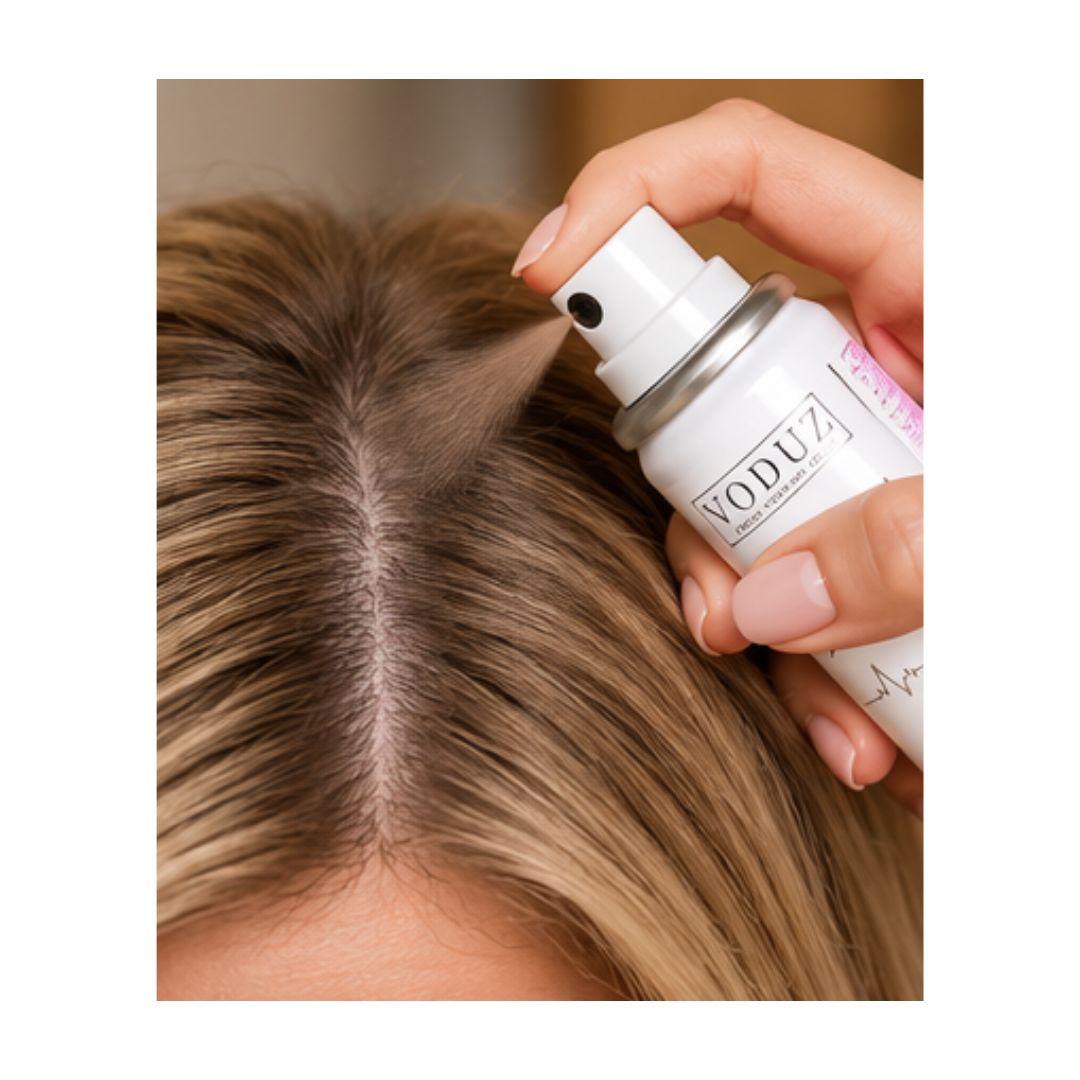 A close-up of a person's hair part being sprayed with a white VODUZ hair product from a hand-held pump bottle.