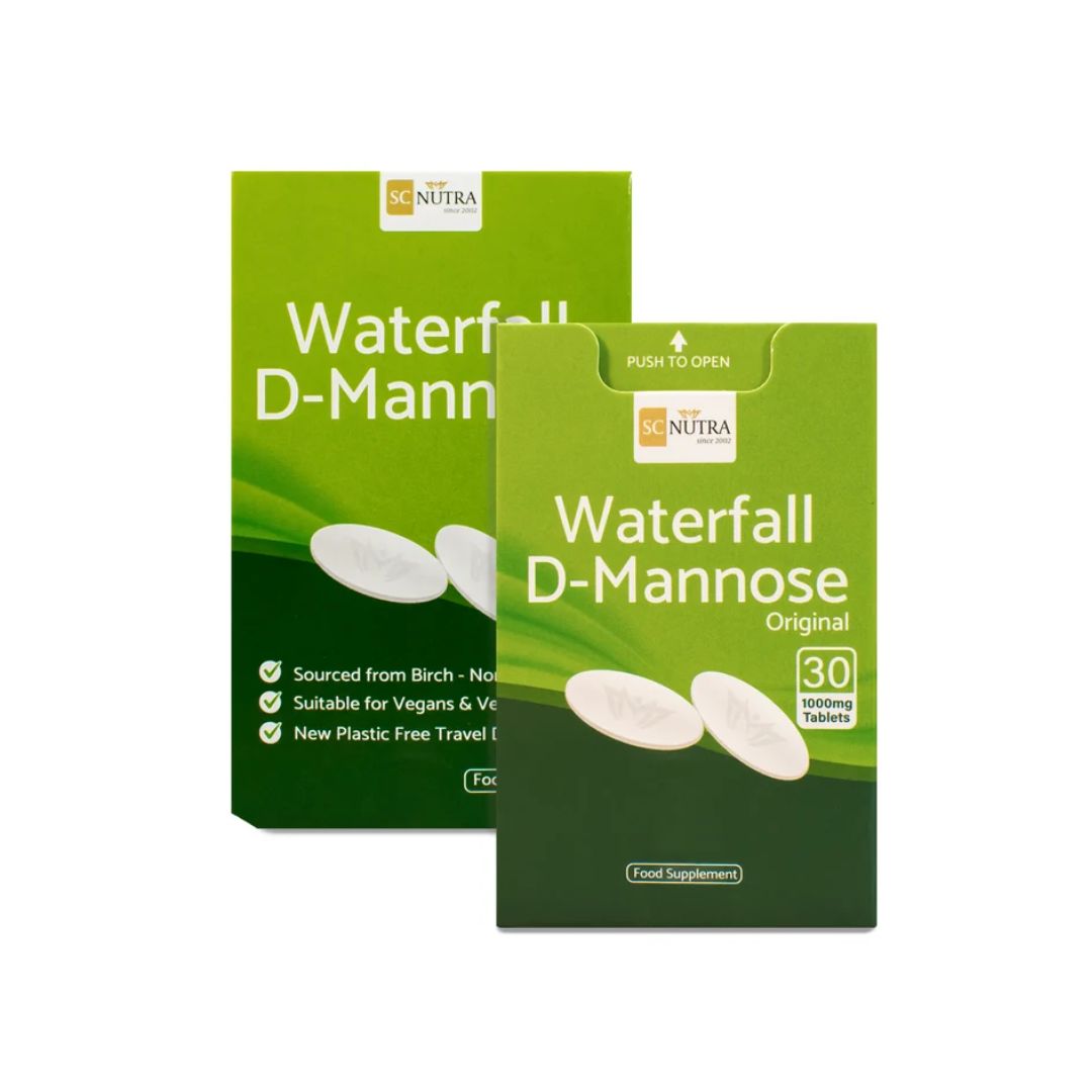 SC Nutra Waterfall D-Mannose 30 Tablets two packaging on a white background