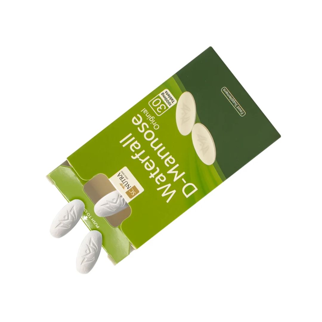 SC Nutra Waterfall D-Mannose 30 Tablets packaging tipped at an oblique angle on a white background