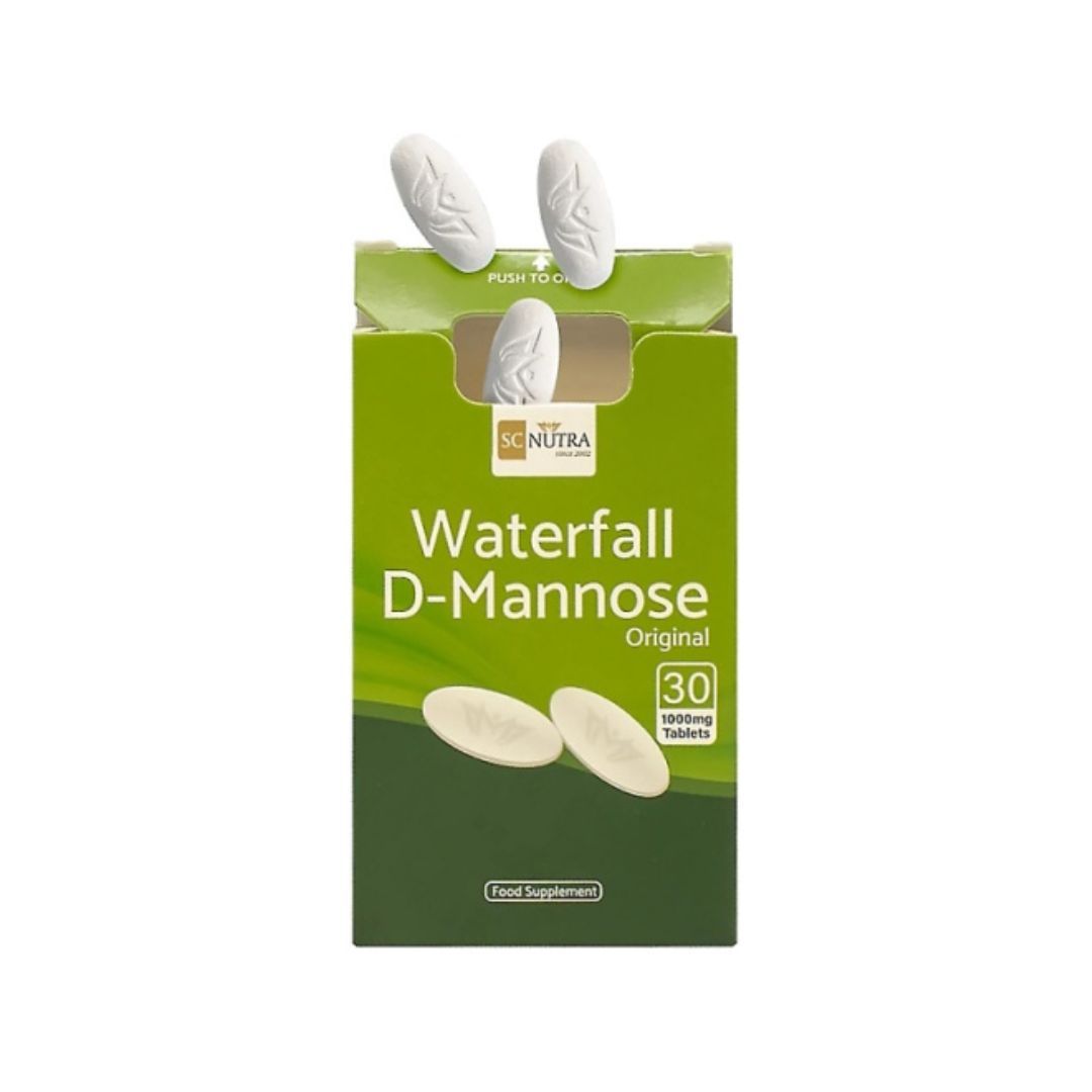 SC Nutra Waterfall D-Mannose 30 Tablets packaging and three tablets on a white background