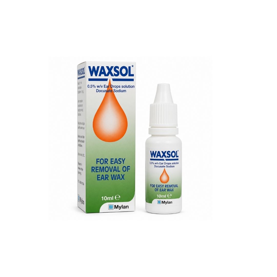 Waxsol 0.5% w/v Ear Drops 10ml dropper and packaging on a white background