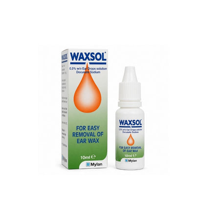 Waxsol 0.5% w/v Ear Drops 10ml dropper and packaging on a white background