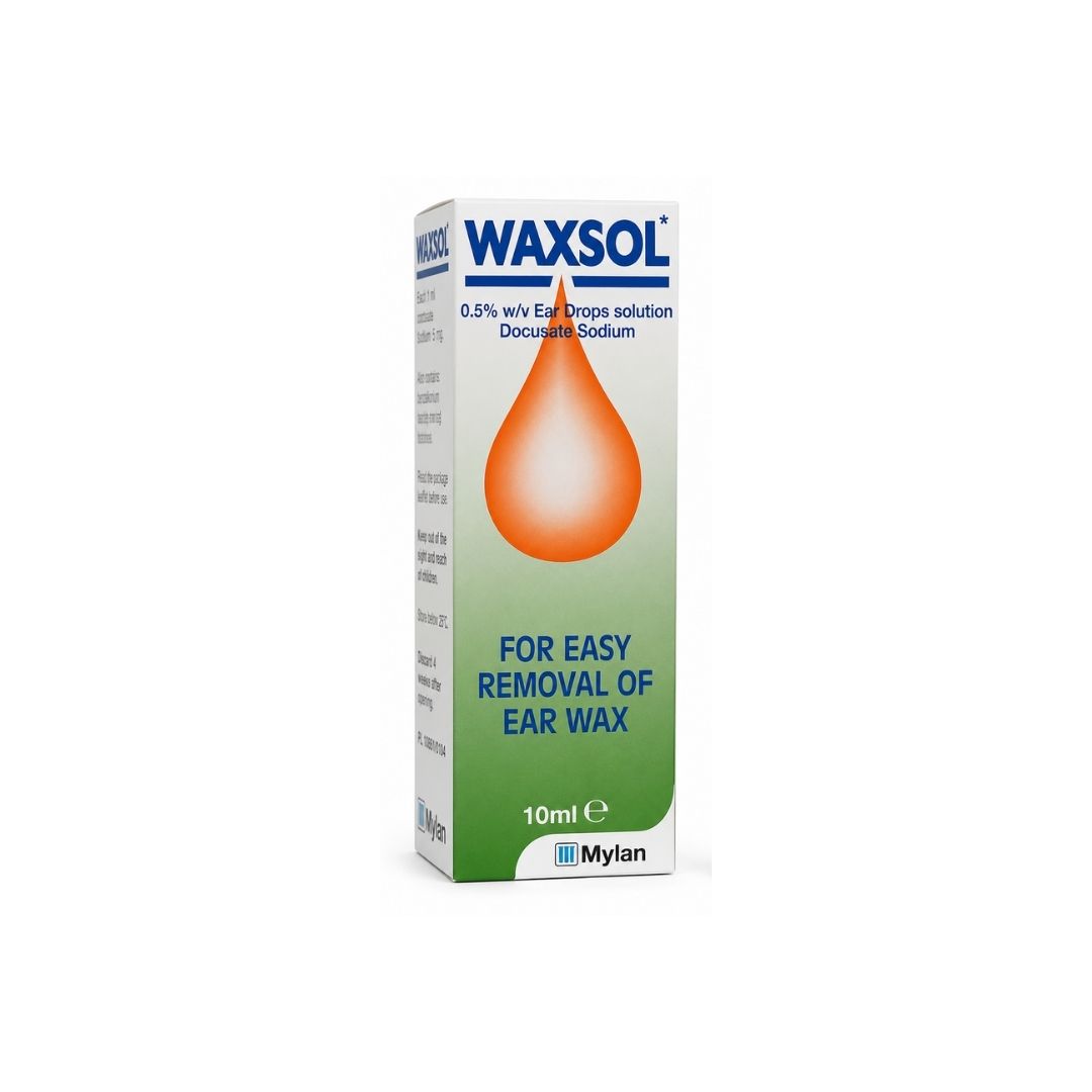 Waxsol 0.5% w/v Ear Drops 10ml box on a white background