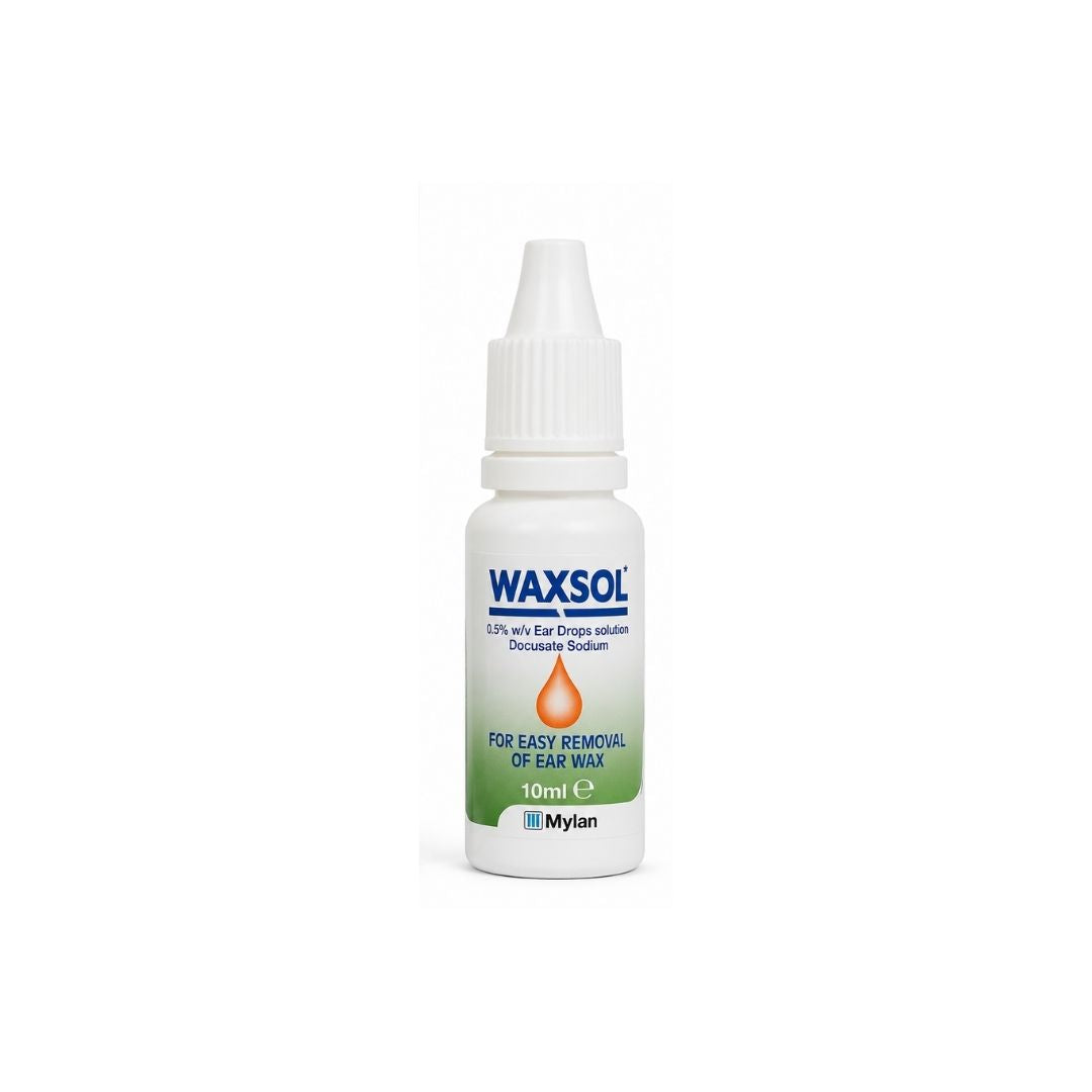 Waxsol 0.5% w/v Ear Drops 10ml dropper on a white background