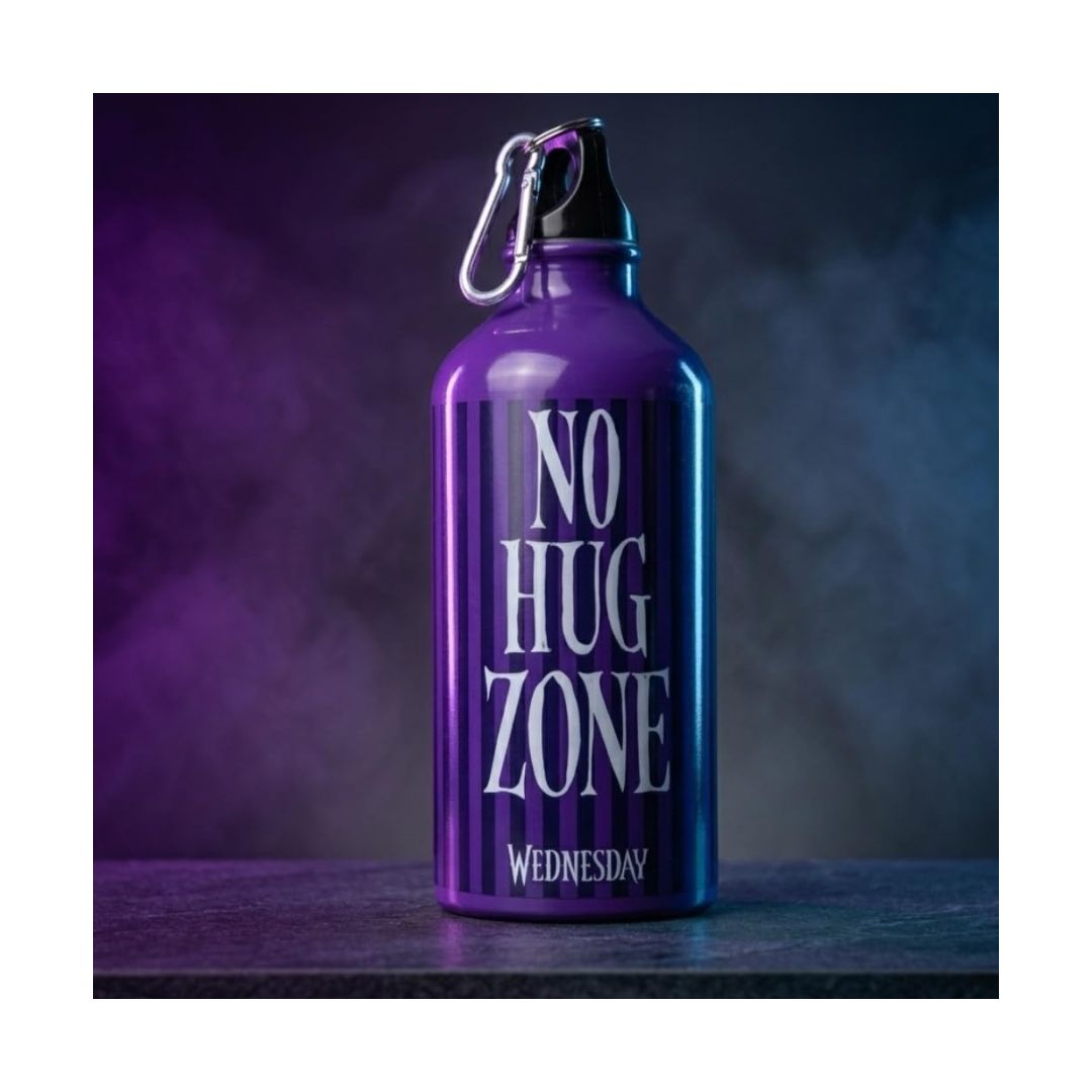 Wednesday No Hug Zone Water Bottle on a smoky purple background