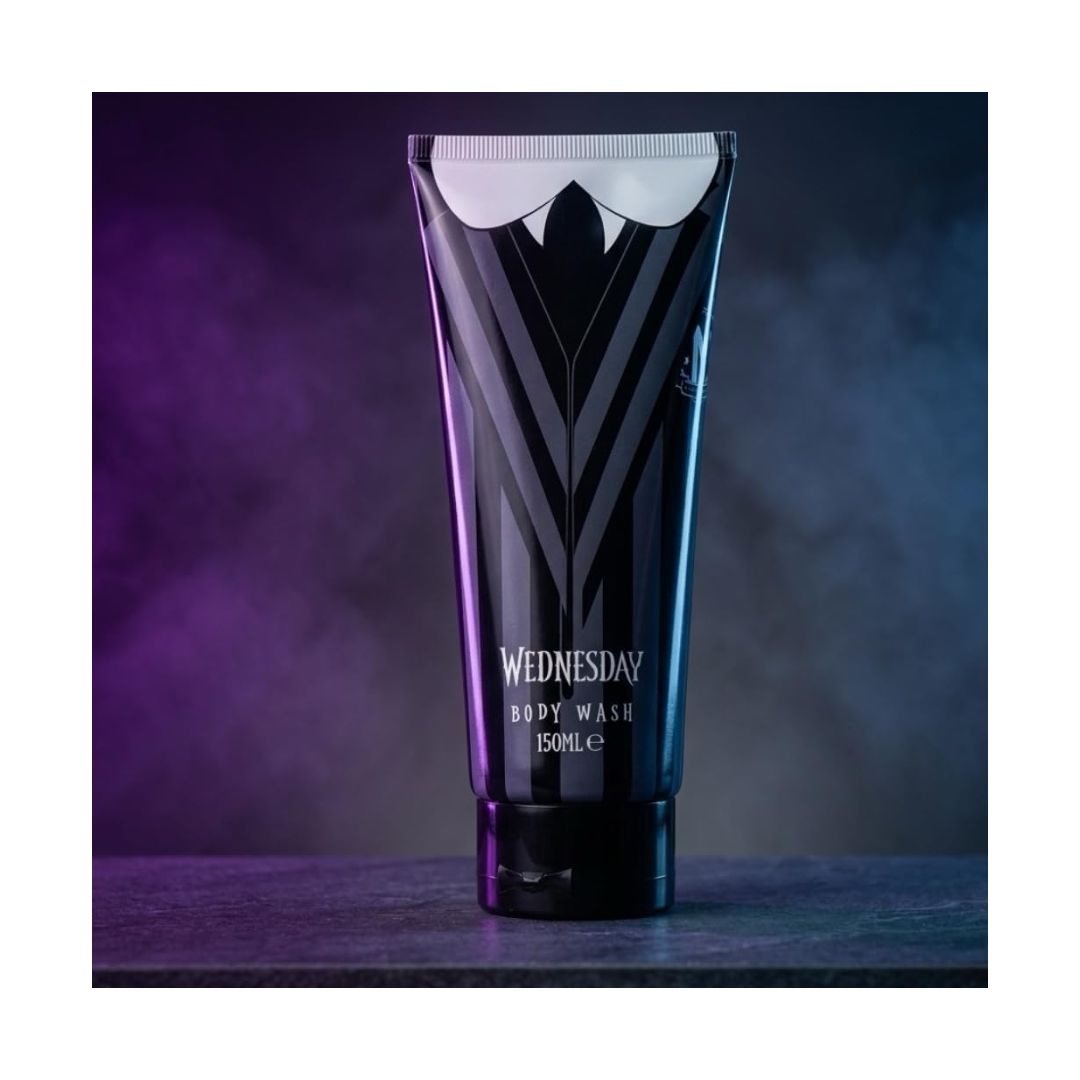 Wednesday No Hug Zone Body Wash on a smoky purple background