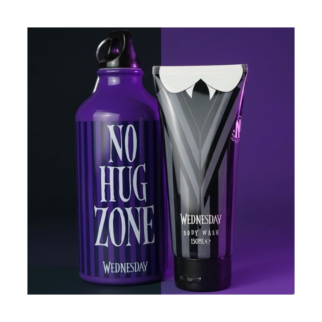 Wednesday No Hug Zone Body Wash & Water Bottle Set on a navy and black background